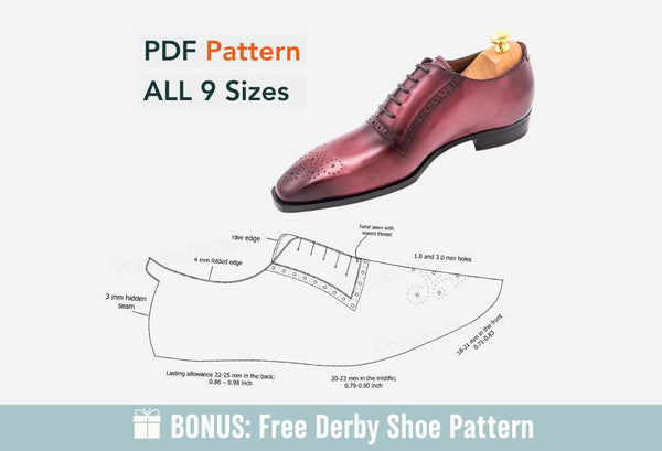 Digital Pattern shoes A4 - Letter PDF, Adelaide Oxford Men, all 9 sizes