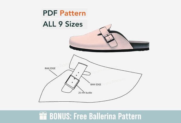 PDF pattern for a sandal with a diagram of the buckle area on a white background.