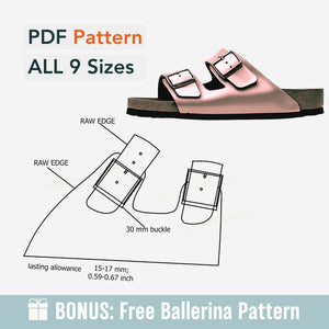 Sandals with a PDF pattern for all 9 sizes on a white background