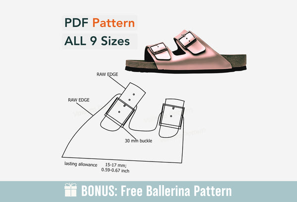 Sandals with a PDF pattern for all 9 sizes on a white background