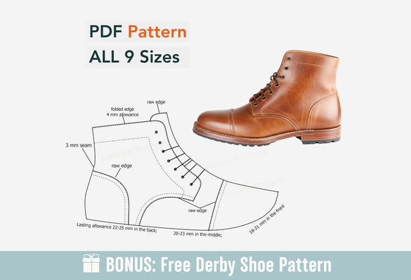 Brown leather boot with shoe pattern diagram and text about PDF pattern and sizes on a white background.