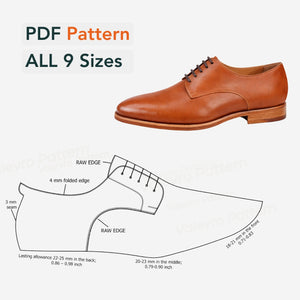 Brown leather shoe with pattern diagram and text indicating PDF pattern for all 9 sizes on a white background.