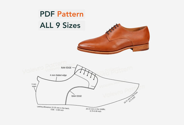 Brown leather shoe with pattern diagram and text indicating PDF pattern for all 9 sizes on a white background.