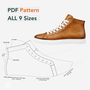 Brown high-top sneaker with a PDF pattern overlay on a white background