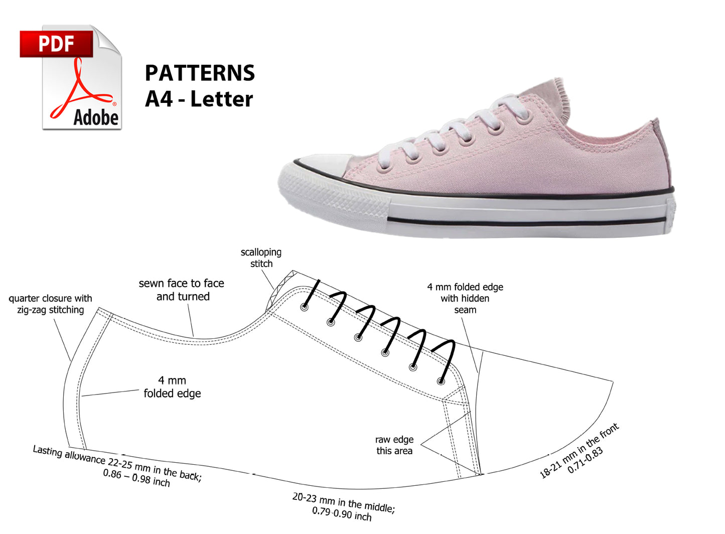 Digital Pattern shoes PDF, Women Canvas SNEAKERS, all 9 sizes