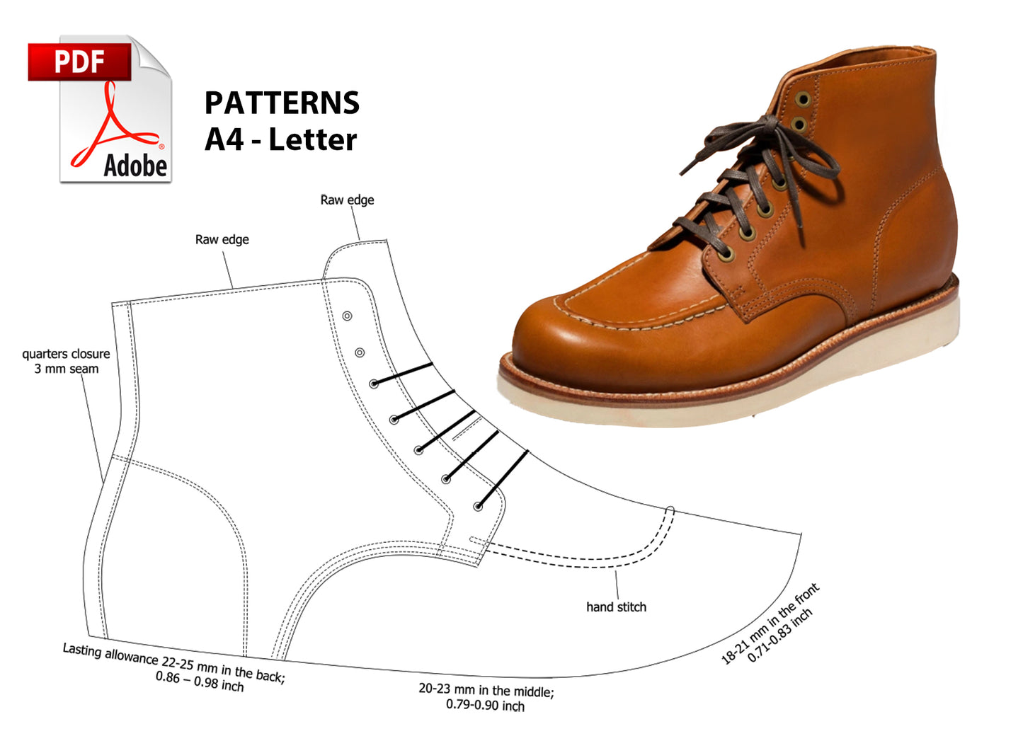 Digital Pattern shoes A4 - Letter PDF, Laces Casual men Moccasin Boot, all 9 sizes