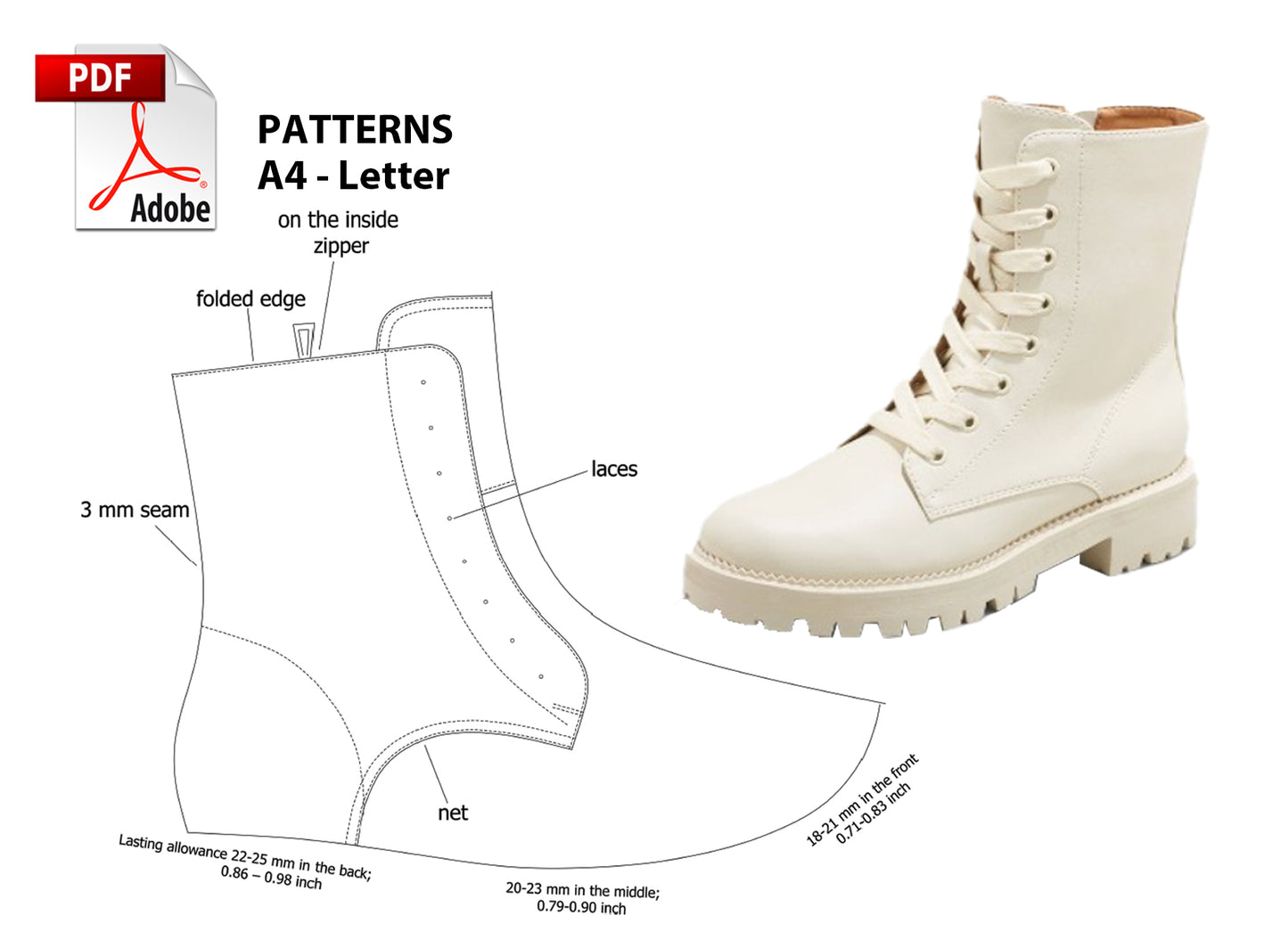 Digital Pattern shoes PDF, Women Laces - Zipper Boot, all 9 sizes