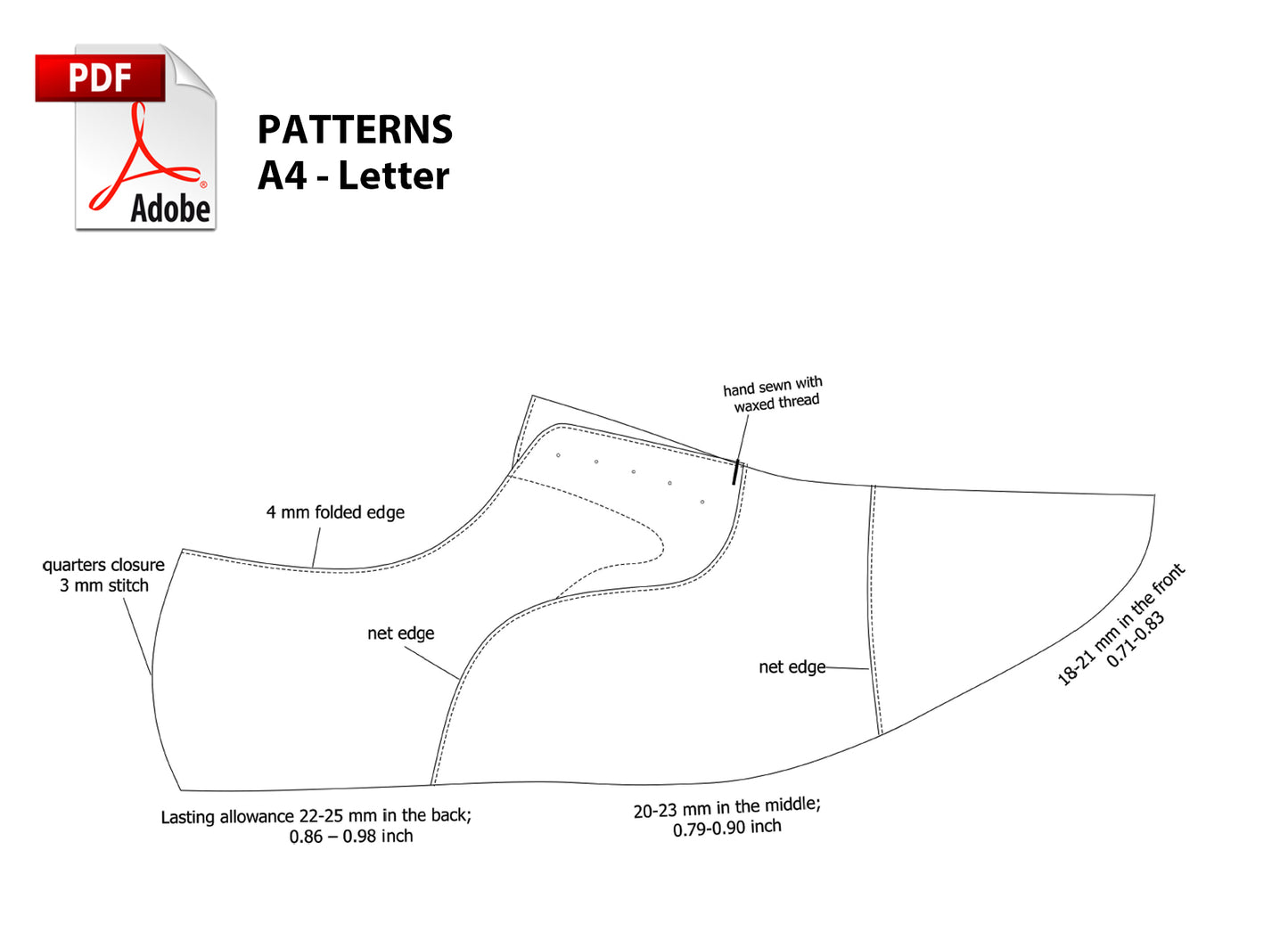 Digital Pattern shoes A4 - Letter PDF, Oxford Men Shoes 3, all 9 sizes