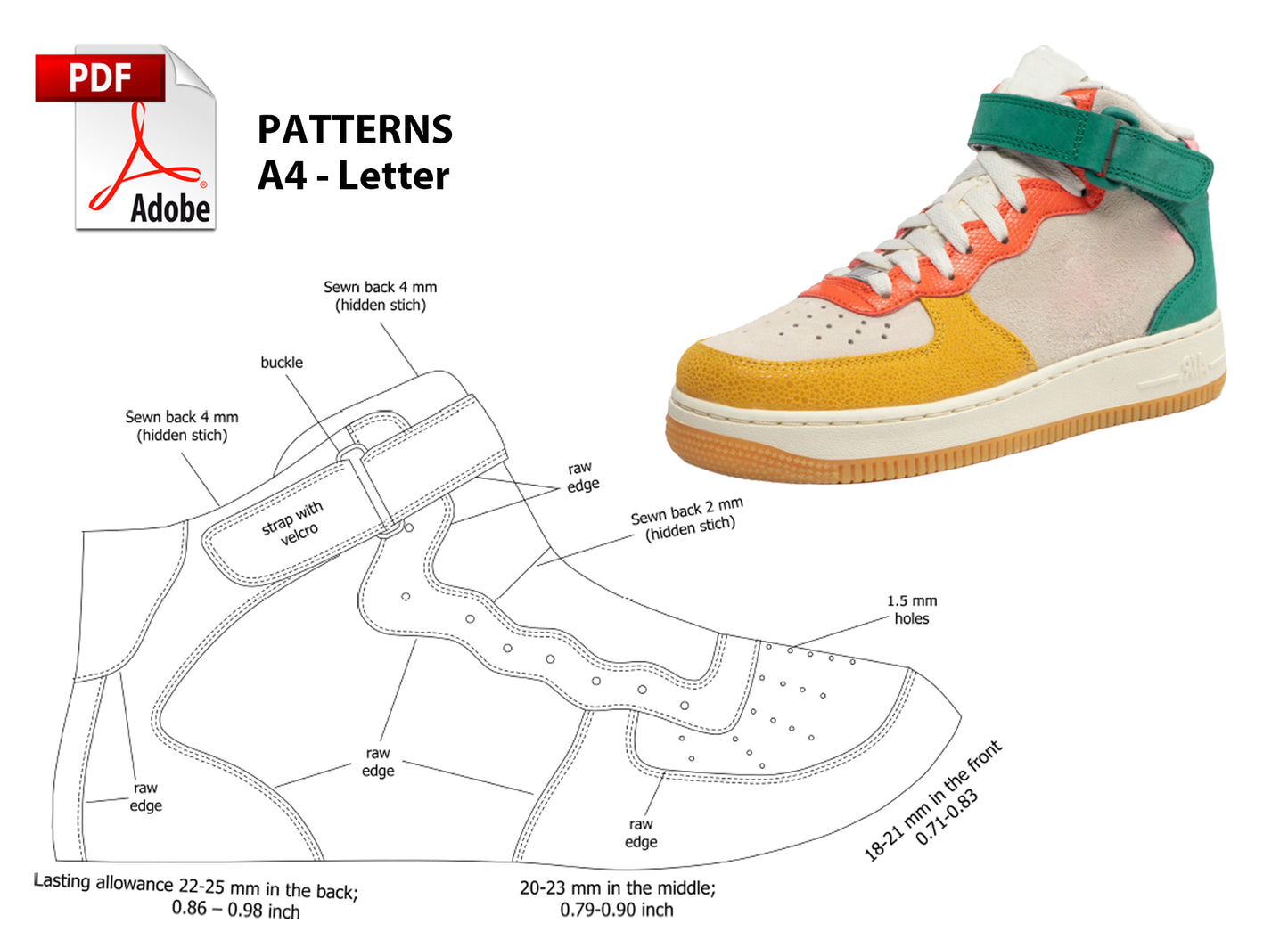 Digital Pattern shoes PDF, Women SNEAKERS Air 1, all 9 sizes