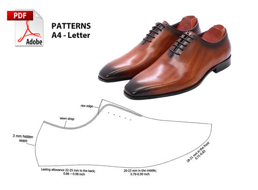 Digital Pattern shoes A4 - Letter PDF, Wholecut Oxford Men Shoes, all 9 sizes