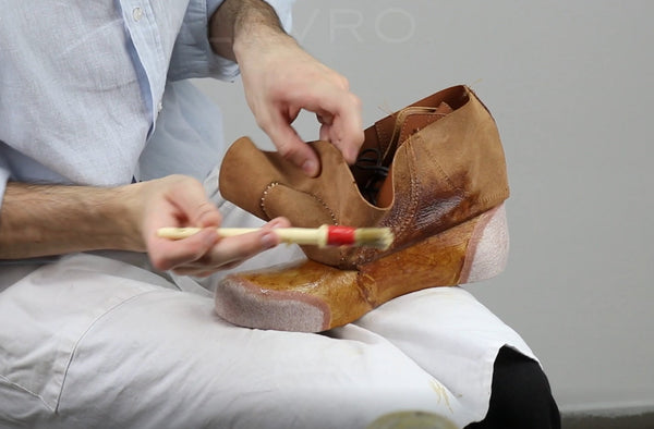 Gluing the uppers and linings in the Valevro shoemaking course – leather boot making tutorial