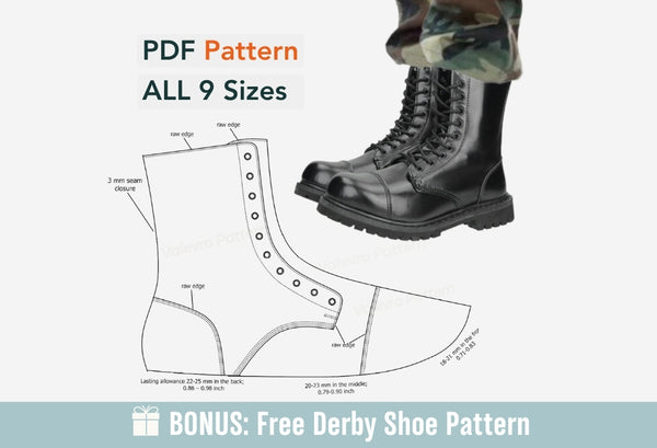 Digital Pattern shoes A4 - Letter PDF, Army Boots, All 9 sizes