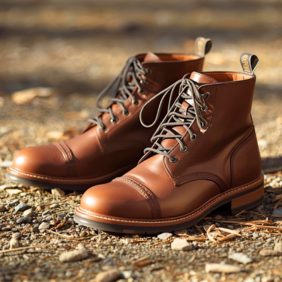 A pair of light brown leather boots, on the ground with a clean, natural outdoor background made by a VALEVRO student.
