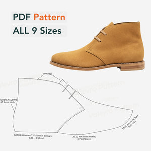 Brown suede shoe with pattern cutout and text indicating PDF pattern for all 9 sizes on a white background.