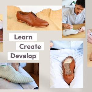 collage of 6 images showing Derby shoe patternmaking and shoemaking process – includes drafting patterns, cutting leather, assembling, lasting, and finished shoes.
