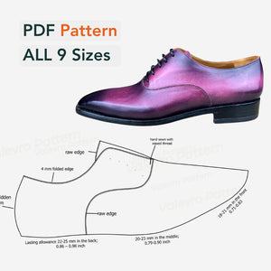Purple and black dress shoe with shoe pattern and size information on a white background