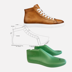 Brown leather shoe with white laces, green rubber shoe covers, and a diagram of shoe construction on a white background.