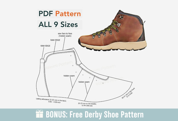 Digital Pattern shoes A4 - Letter PDF, Hiking Boots, All 9 sizes