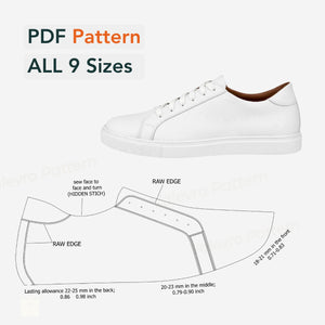 White sneaker with pattern diagram and text on a white background