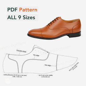Brown leather shoe with pattern diagram and text indicating PDF pattern for all 9 sizes on a white background.