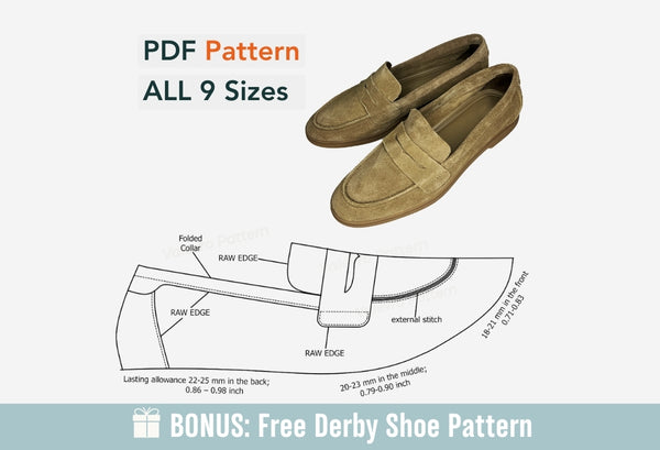 Digital Pattern shoes A4 - Letter PDF, Men's Loafer, All 9 sizes