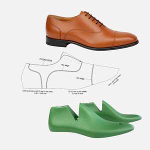 Brown leather shoe with green shoe last and technical diagram on a white background
