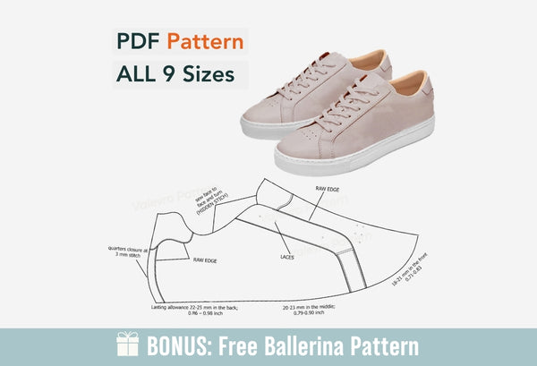 Digital Pattern shoes PDF, Women's Sneakers, All 9 sizes