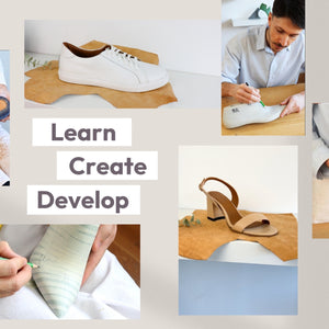 Shoemaking process in progress with various handmade shoe models displayed – showcasing tools, craftsmanship, and finished footwear.
