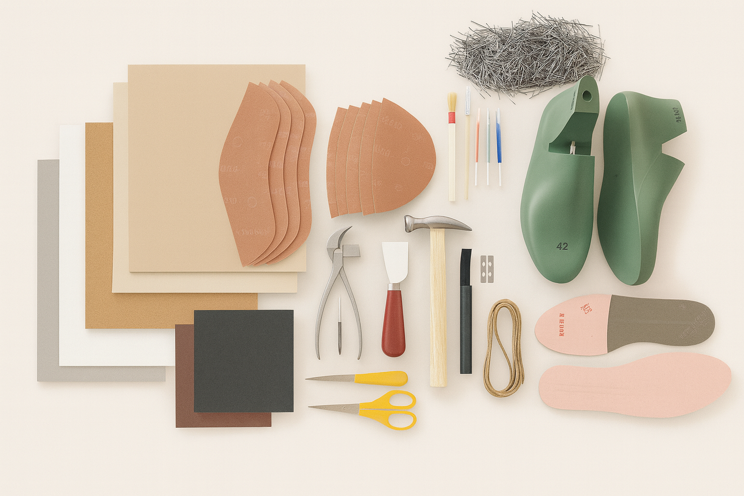 Collection of shoe last and shoe-making tools and materials on a white background