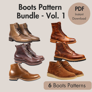 Promotional image of boots pattern bundle with various boot styles on a beige background.