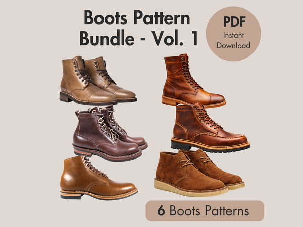 Promotional image of boots pattern bundle with various boot styles on a beige background.