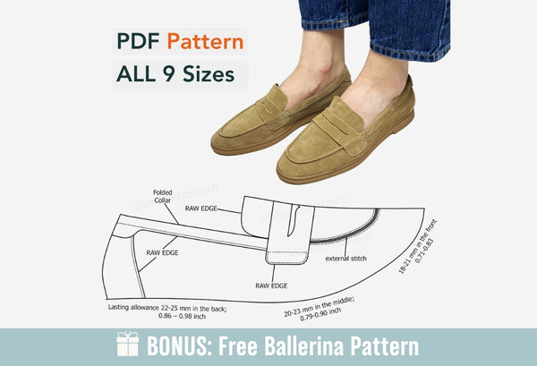 Digital Pattern shoes PDF, Women's Loafers, All 9 Sizes