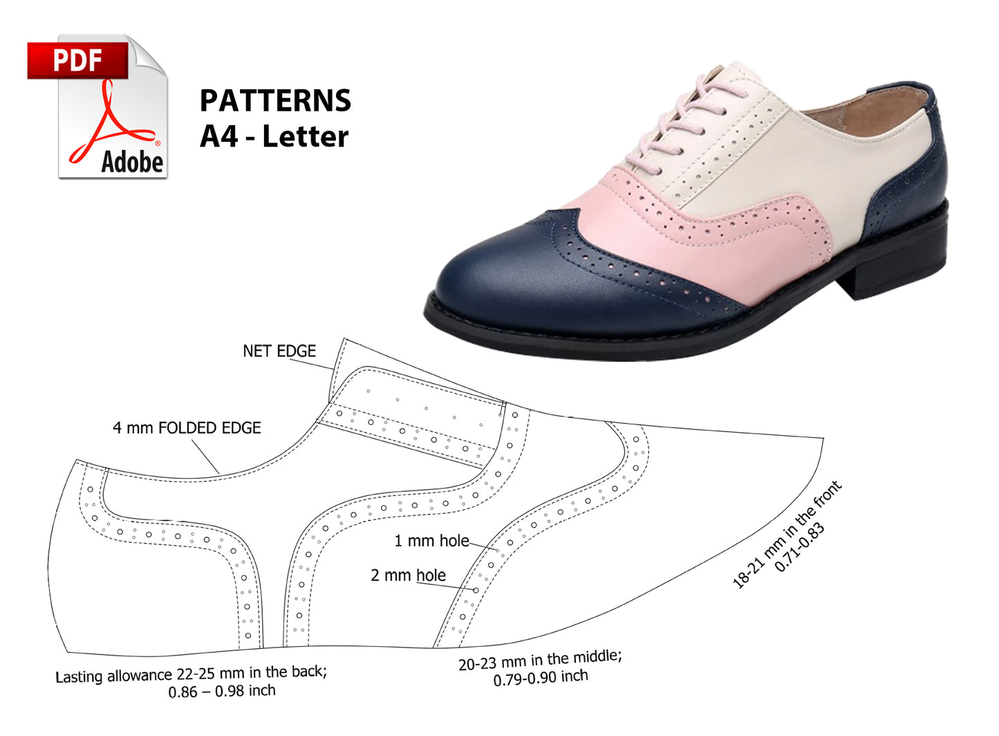 Digital Pattern shoes PDF, Women Casual Oxford, shoes all 9 sizes