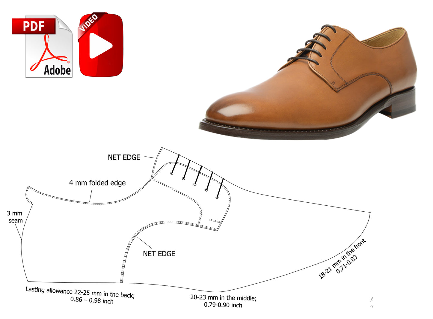 Digital Pattern shoes A4 - Letter PDF, Casual Derby Men shoes, all 9 sizes