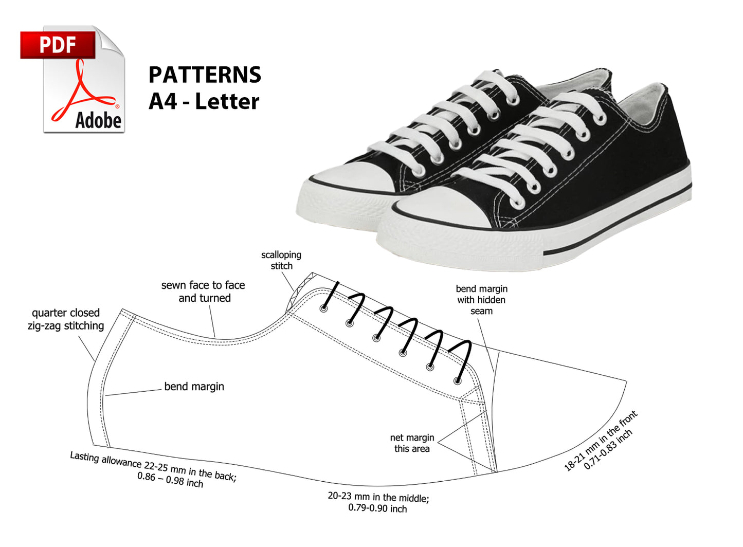 Digital Pattern shoes A4 - Letter PDF, Men Canvas SNEAKERS, all 9 sizes