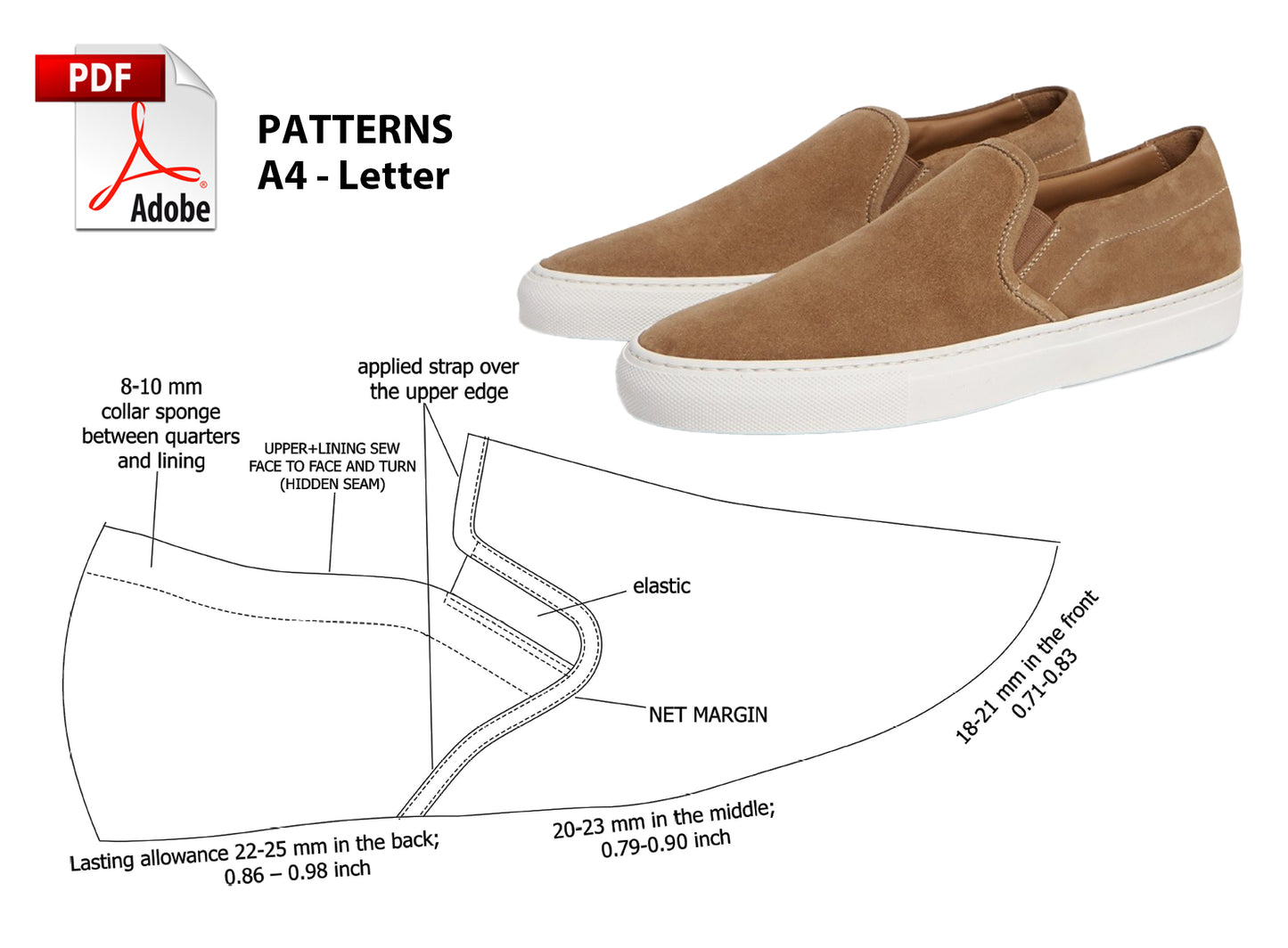 Digital Pattern shoes A4 - Letter PDF, Slip On SNEAKERS, men shoes, all 9 sizes