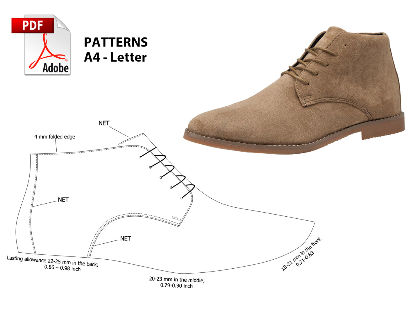 Digital Pattern shoes A4 - Letter PDF, Laces Casual men Boot, all 9 sizes