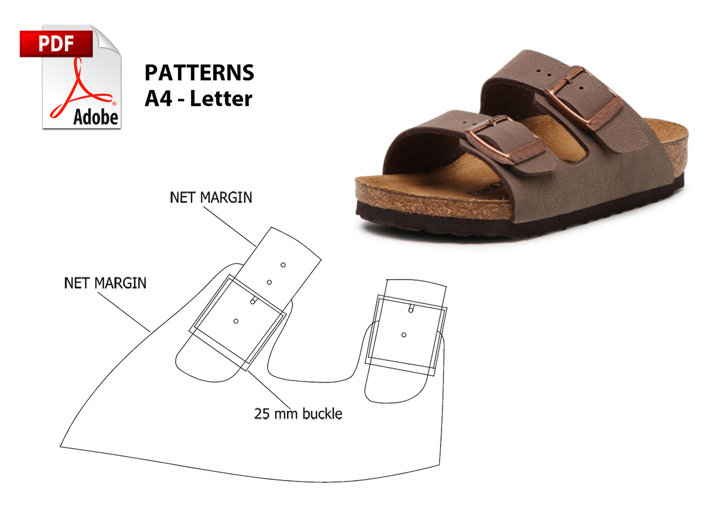 Digital Pattern shoes A4 - Letter PDF, MEN Birk Sandals II, all 9 sizes