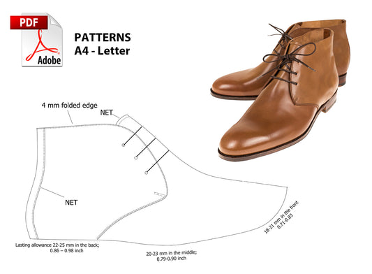 Digital Pattern shoes A4 - Letter PDF, Chukka men Boot II, all 9 sizes
