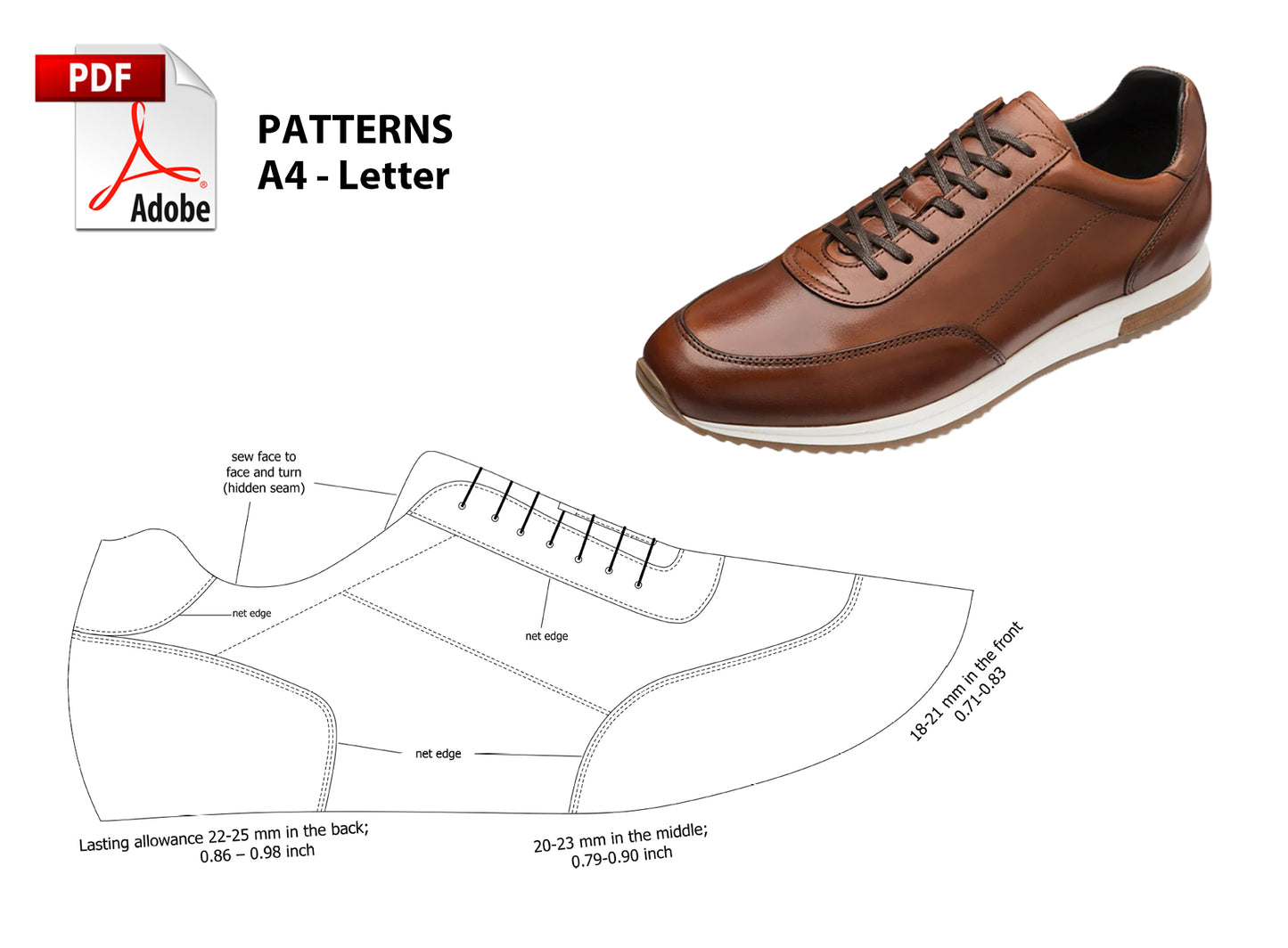 Digital Pattern shoes A4 - Letter PDF, Men Sneakers Casual Runner, all 9 sizes