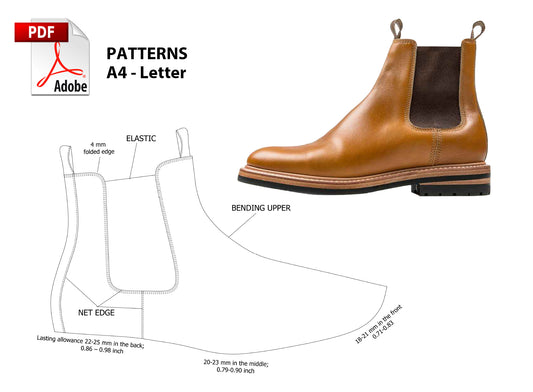 Digital Pattern shoes A4 - Letter PDF, Chelsea Men Boot Elastic, all 9 sizes