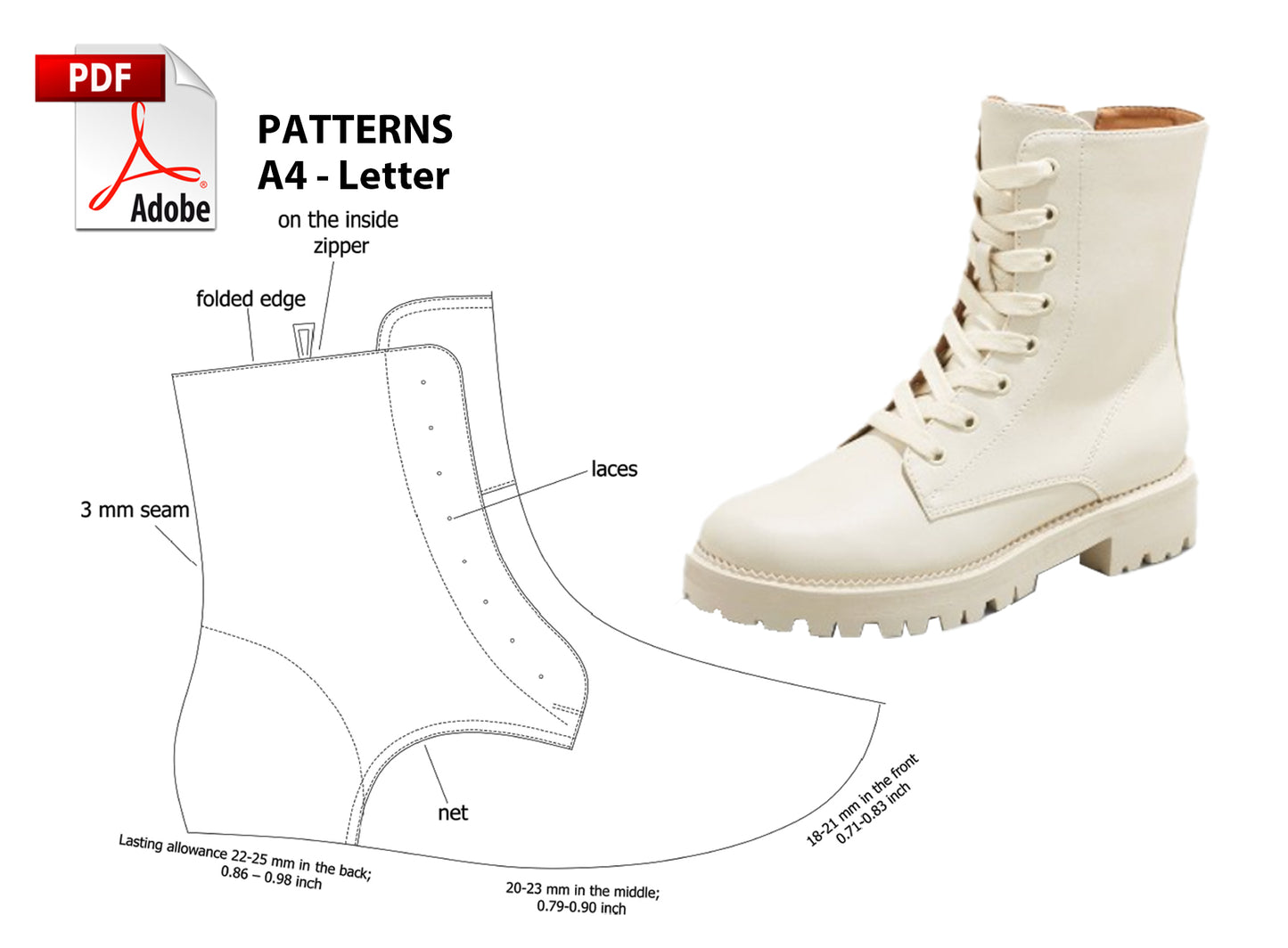 Digital Pattern shoes A4 - Letter PDF, Men Laces - Zipper Boot, all 9 sizes