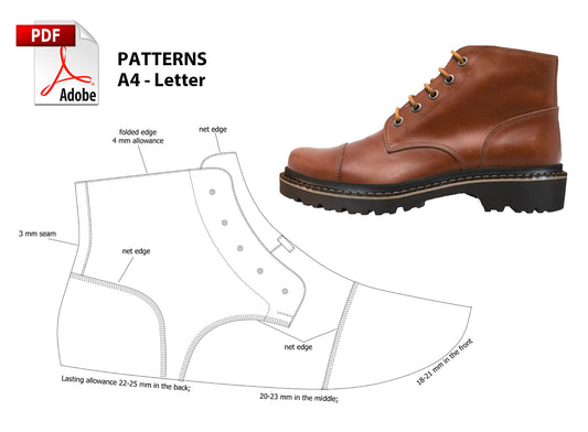 Digital Pattern shoes A4 - Letter PDF, Laces Casual men Boot 3, all 9 sizes