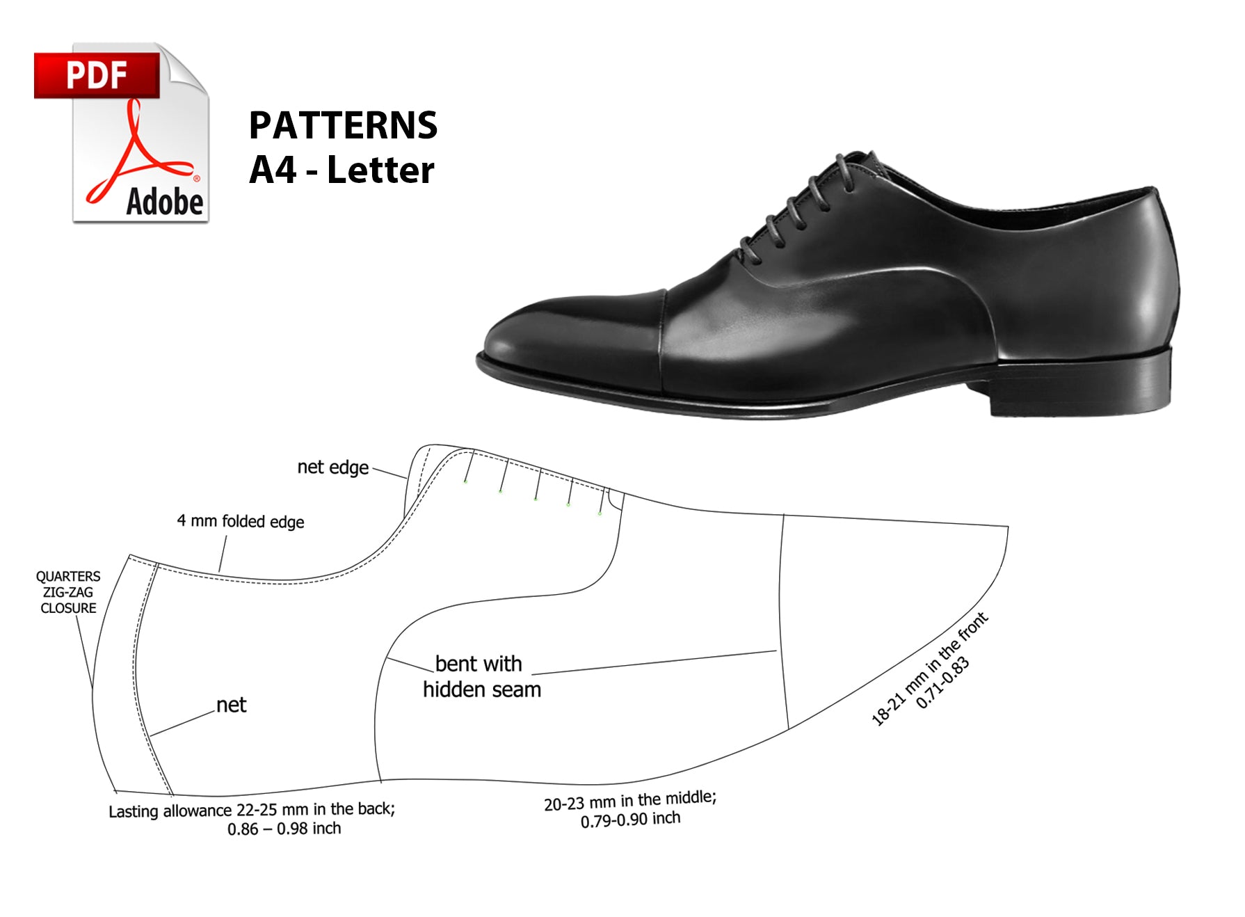 Digital Pattern shoes A4 - Letter PDF, Oxford Men Shoes 2, all 9 sizes ...