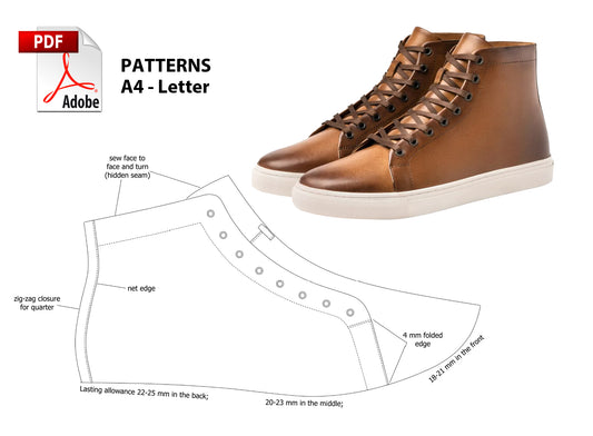 Digital Pattern shoes A4 - Letter PDF, Men Sneakers Premier High Top, all 9 sizes