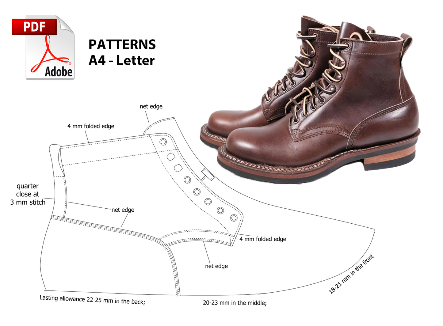 Digital Pattern shoes A4 - Letter PDF, Laces Casual men Boot 2, all 9 sizes